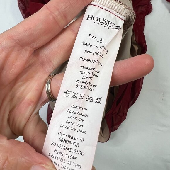 House of CB London Fifi Dress Sheer Ruched Mini Off Shoulder Red Wine Medium - Picture 14 of 16